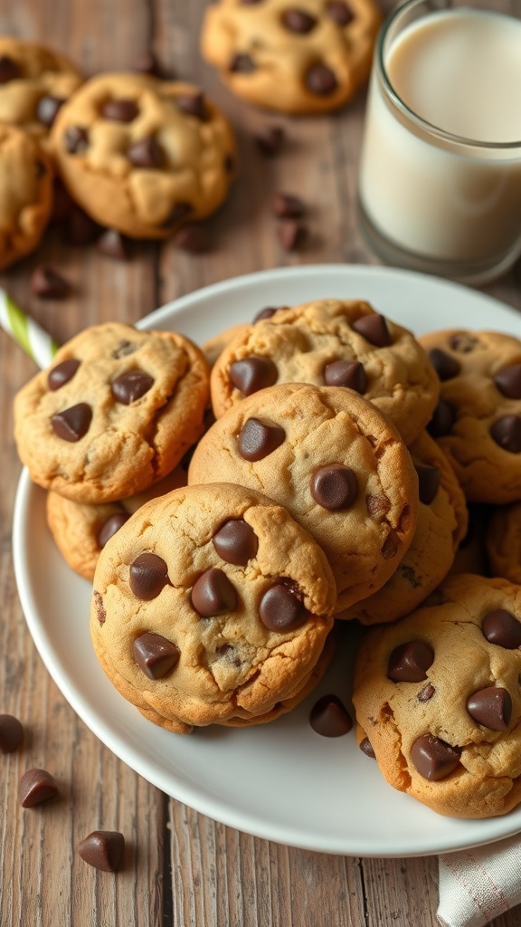 A plate of warm chocolate chip cookies with a glass of milk on a wooden table.